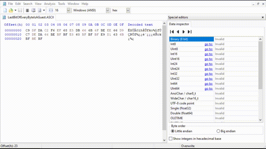 A person using hex editor to shuffle some bits around and failing